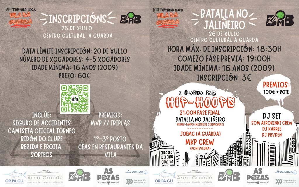 La octava edición del torneo 3x3 Vila da Guarda se celebra el 26 de julio en el Centro Cultural con una intensa jornada de deporte, cultura urbana y entretenimiento